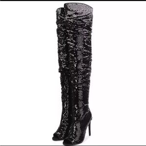 🖤✨ Chic New Black Sequin Thigh-High Boots - Sizes 7 & 10! 🌟